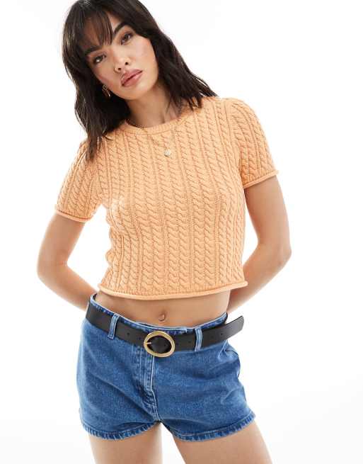 ASOS DESIGN - T-shirt ristretta in maglia color pesca a trecce