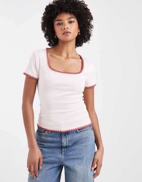ASOS DESIGN - T-shirt ristretta rosa polvere con impunture a contrasto - view 1