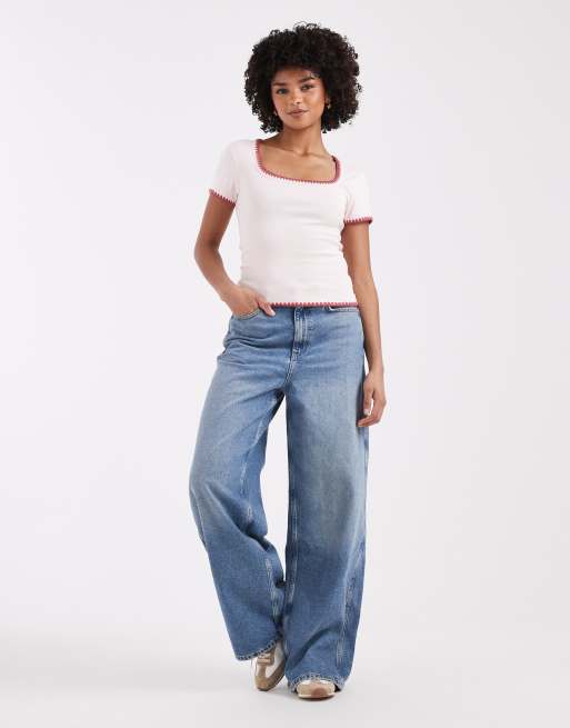 ASOS DESIGN - T-shirt ristretta rosa polvere con impunture a contrasto, 2 di 4