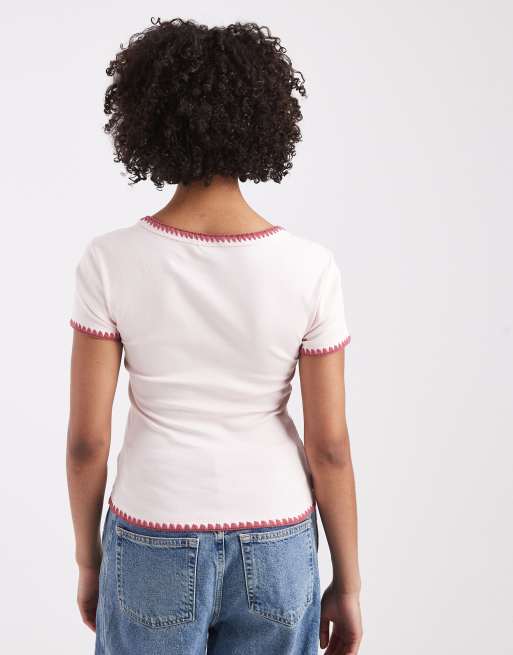 ASOS DESIGN - T-shirt ristretta rosa polvere con impunture a contrasto, 4 di 4