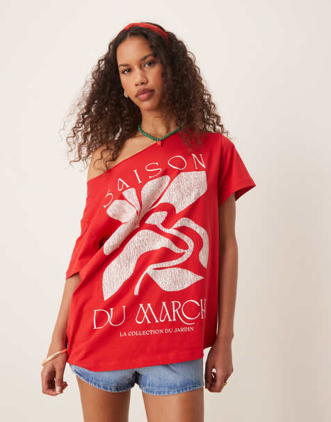 ASOS DESIGN - T-shirt rossa con spalle scoperte e grafica "Saison" - view 1