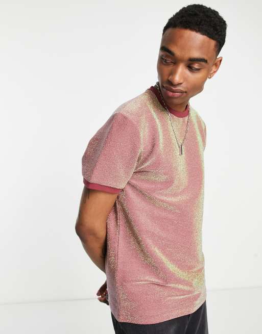 ASOS DESIGN - T-shirt rosso metallizzato con polsini e scollo a contrasto