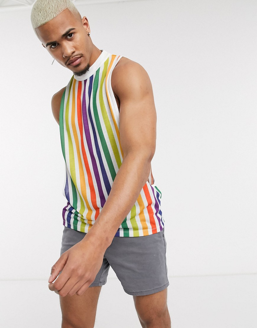 ASOS DESIGN - T-shirt  senza maniche a righe arcobaleno con giromanica ultra ampio-Multicolore