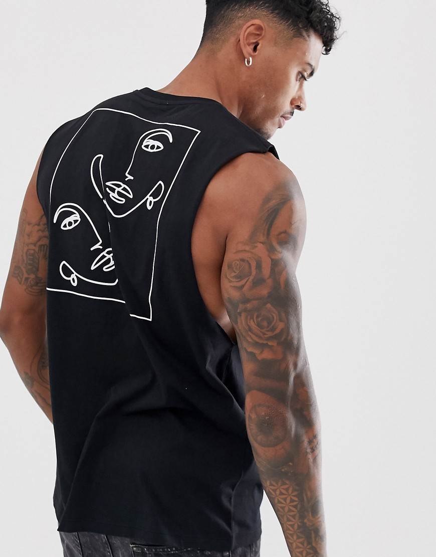 ASOS DESIGN - T-shirt senza maniche comoda con stampa di schizzi di volti-Nero