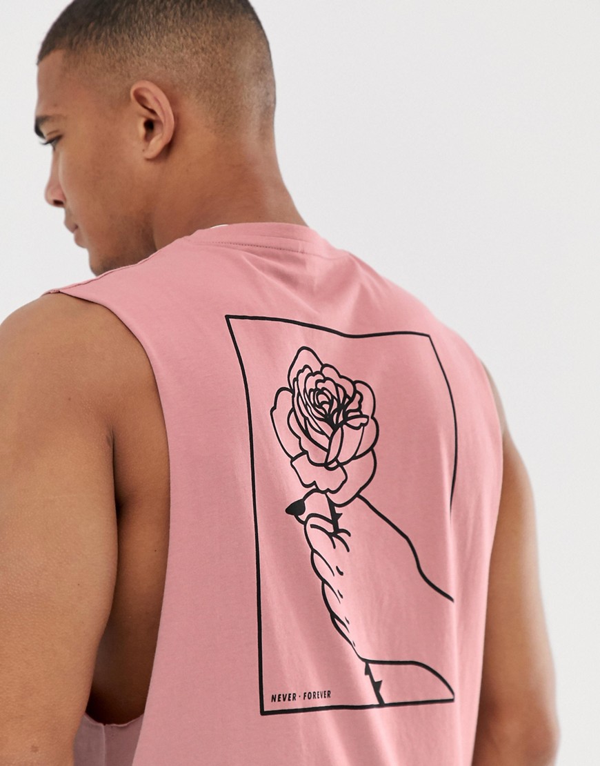 ASOS DESIGN - T-shirt senza maniche comoda con stampa sul retro con mano e rosa