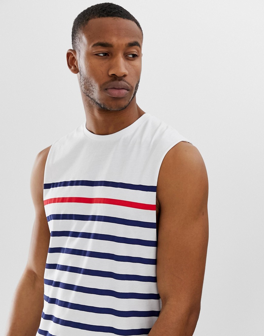 ASOS DESIGN - T-shirt senza maniche con righe blu navy e rosse-Bianco