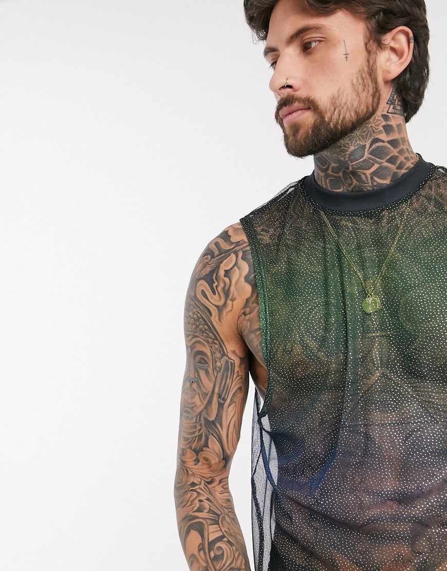ASOS DESIGN - T-shirt senza maniche in tessuto a rete dip-dye brillantinato con giromanica ampio-Multicolore