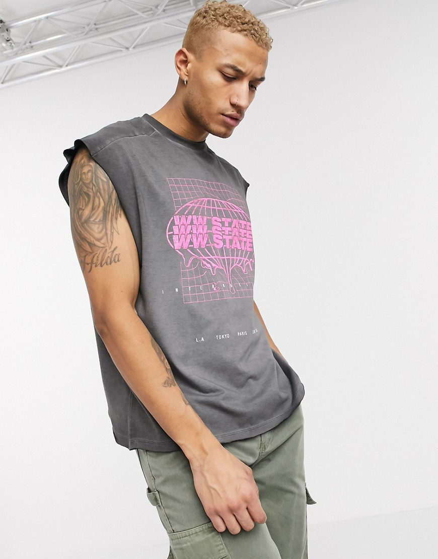 ASOS DESIGN - T-shirt senza maniche oversize in cotone organico lavaggio pesante con stampa fluo-Nero