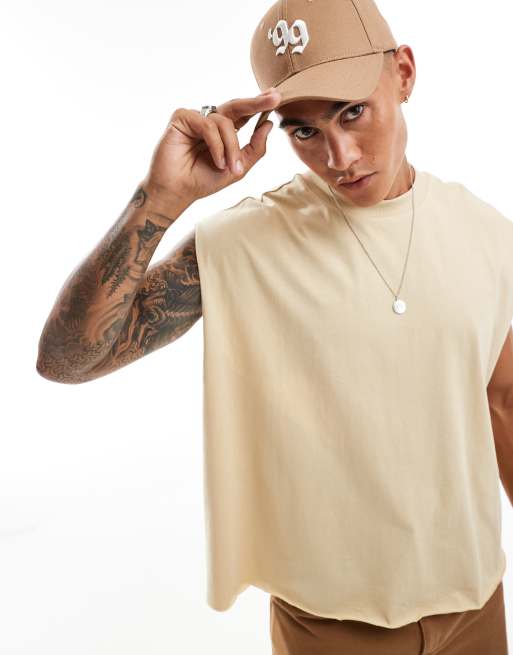 ASOS DESIGN - T-shirt senza maniche pesante super oversize color pietra con bordi grezzi 