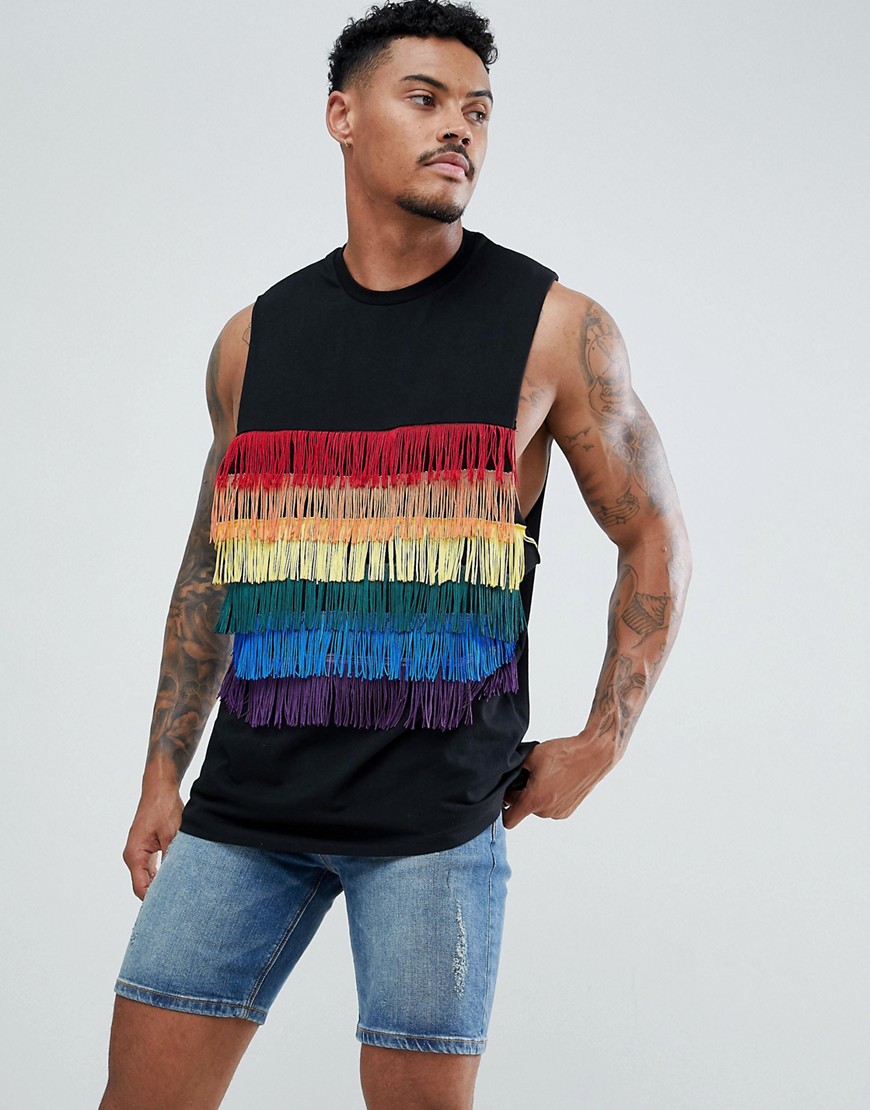 ASOS DESIGN - T-shirt senza maniche stile festival nera con frange multicolore sul davanti-Nero