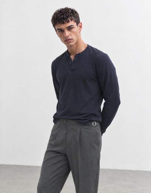 ASOS DESIGN T-shirt serafino a maniche lunghe in piqué blu navy, 8 di 8