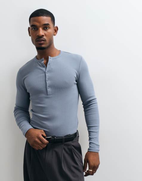 ASOS DESIGN T-shirt serafino attillata a maniche lunghe blu a coste - view 1