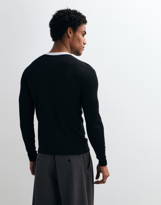 ASOS DESIGN t-shirt serafino attillata a maniche lunghe con collo a contrasto in costina nera, 5 di 10