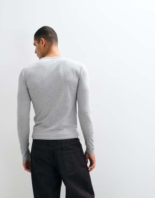 ASOS DESIGN t-shirt serafino attillata a maniche lunghe in grigio mélange, 5 di 5