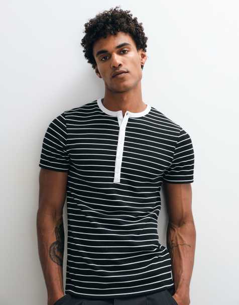 ASOS DESIGN - T-shirt serafino slim nera a righe - view 1