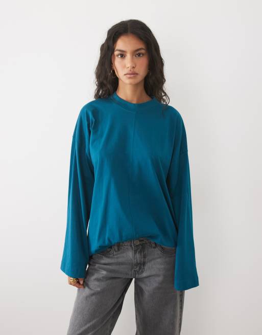ASOS DESIGN - T-shirt skater a maniche lunghe blu petrolio, 2 di 4