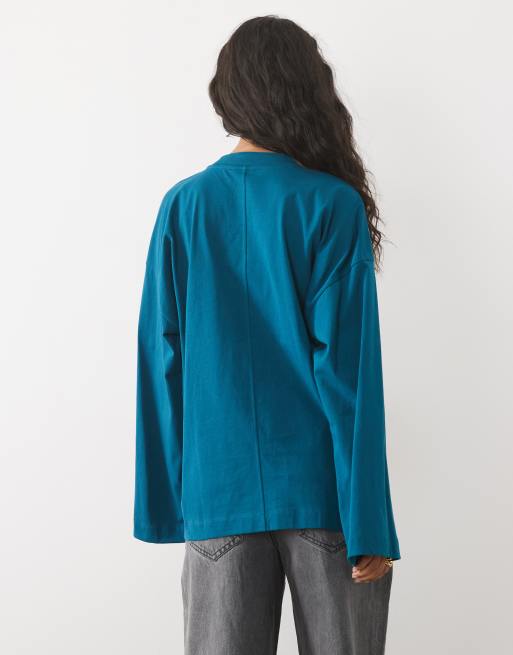 ASOS DESIGN - T-shirt skater a maniche lunghe blu petrolio, 4 di 4