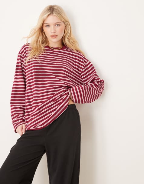 ASOS DESIGN – T-shirt skater o fasonie oversize z długim rękawem w bordowe paski - view 1