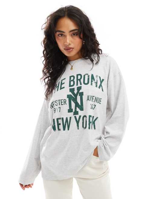 ASOS DESIGN – T-shirt skater w szarym melanżowym kolorze z długim rękawem i grafiką z napisem „Bronx”