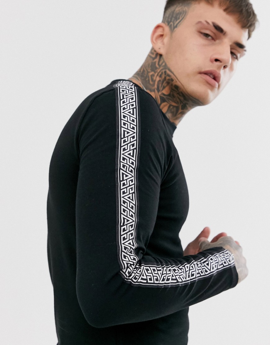 ASOS DESIGN - T-shirt skinny a maniche lunghe elasticizzata con fettuccia geometrica nera-Nero