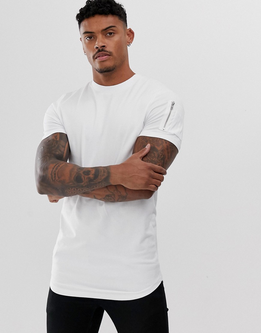 ASOS DESIGN - T-shirt skinny bianca lunga con fondo arrotondato e tasca MA1-Bianco