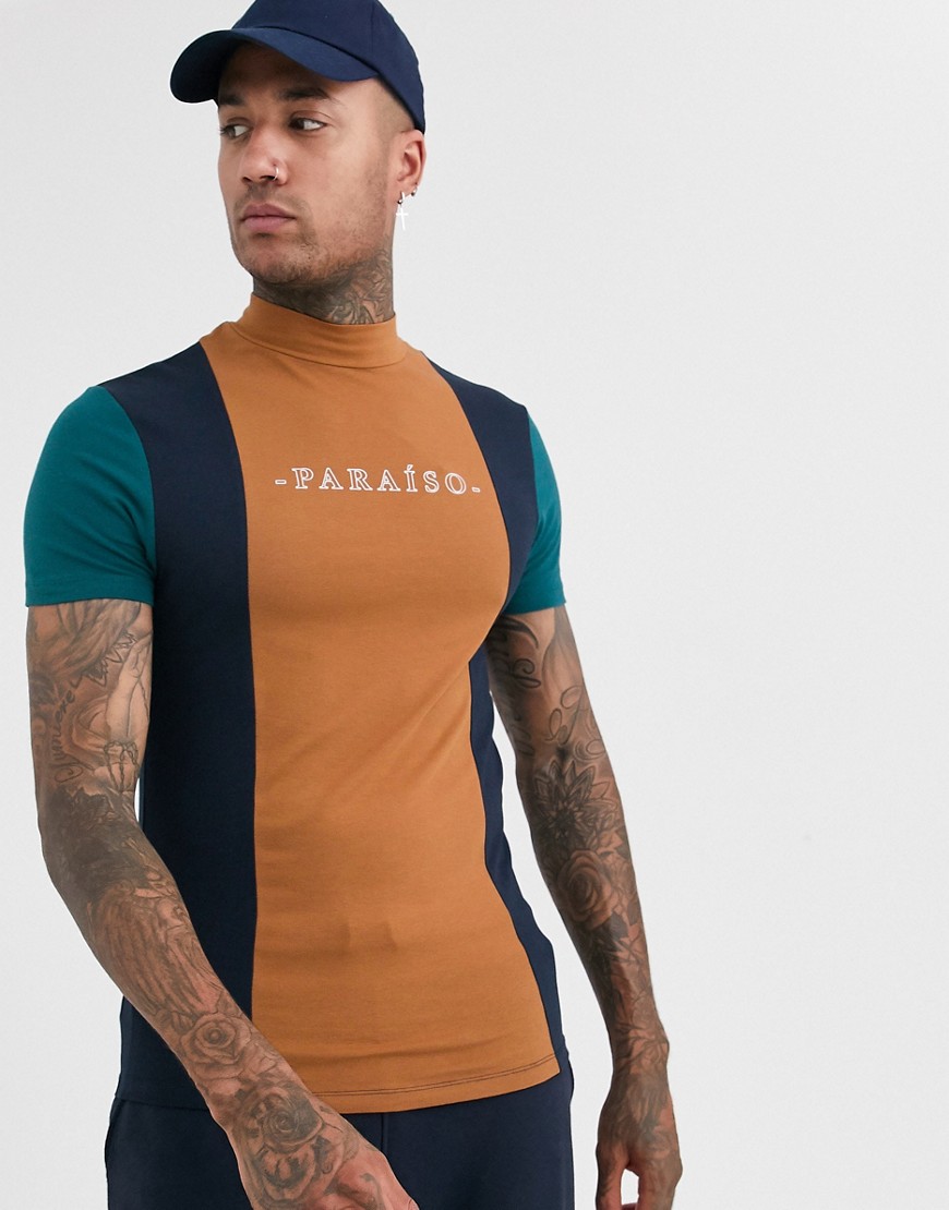 ASOS DESIGN - T-shirt skinny con collo alto e colour block verticali con stampa sul petto-Multicolore