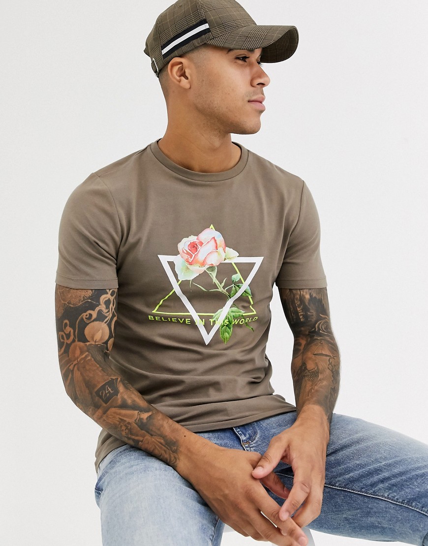 ASOS DESIGN - T-shirt skinny con stampa di rose e scritta fluo-Marrone