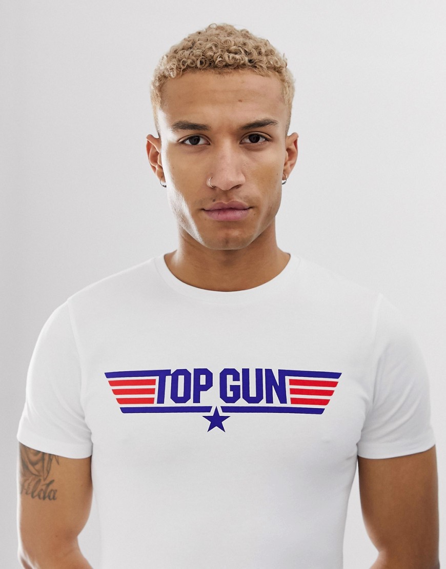 ASOS DESIGN - T-shirt skinny elasticizzata con stampa Top Gun-Bianco