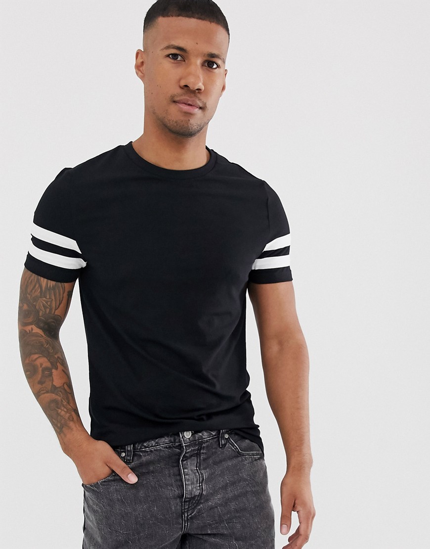 ASOS DESIGN - T-shirt skinny elasticizzata in tessuto biologico nera a righe bianche a contrasto sulle maniche-Nero