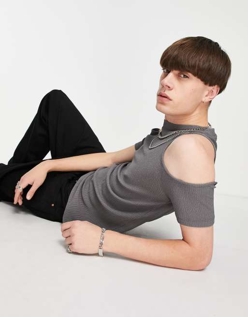 ASOS DESIGN - T-Shirt skinny in tessuto testurizzato con cut-out sulle maniche, colore grigio