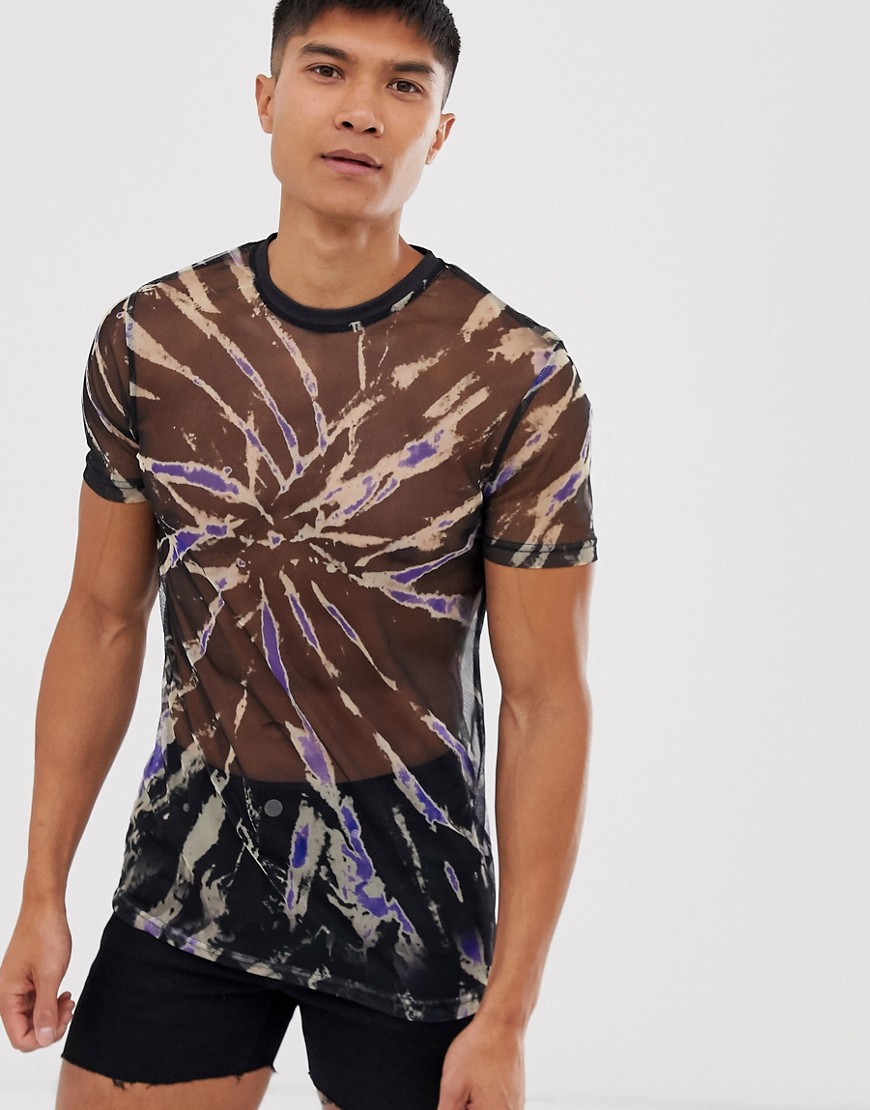 ASOS DESIGN - T-shirt skinny stretch in tessuto a rete lavaggio tie-dye-Multicolore