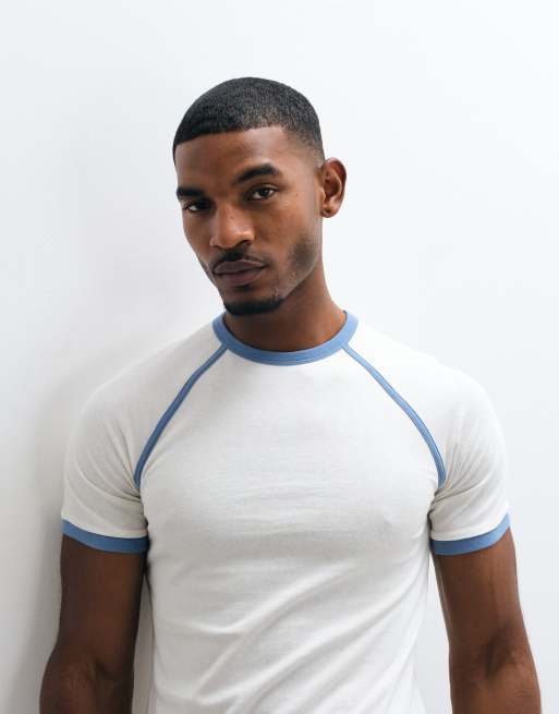 ASOS DESIGN - T-shirt slim color crema e blu con maniche raglan e bordi a contrasto