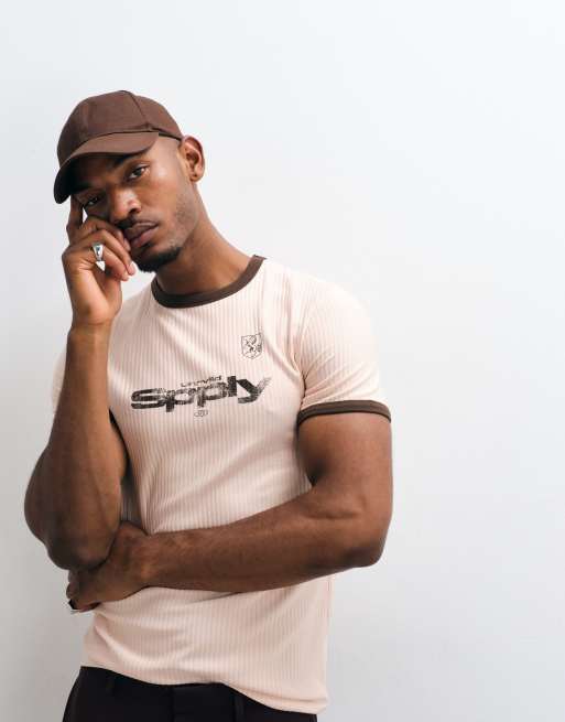 ASOS DESIGN - T-shirt slim color pietra con stampa e bordi a contrasto, 1 di 5