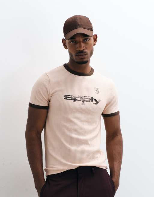 ASOS DESIGN - T-shirt slim color pietra con stampa e bordi a contrasto, 2 di 5