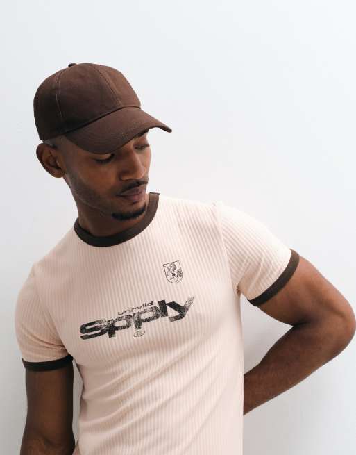 ASOS DESIGN - T-shirt slim color pietra con stampa e bordi a contrasto, 5 di 5