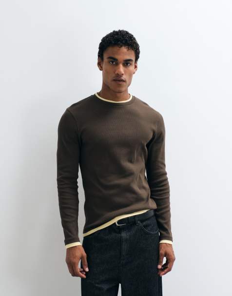 ASOS DESIGN t-shirt slim fit a maniche lunghe a doppio strato marrone e gialla - view 1
