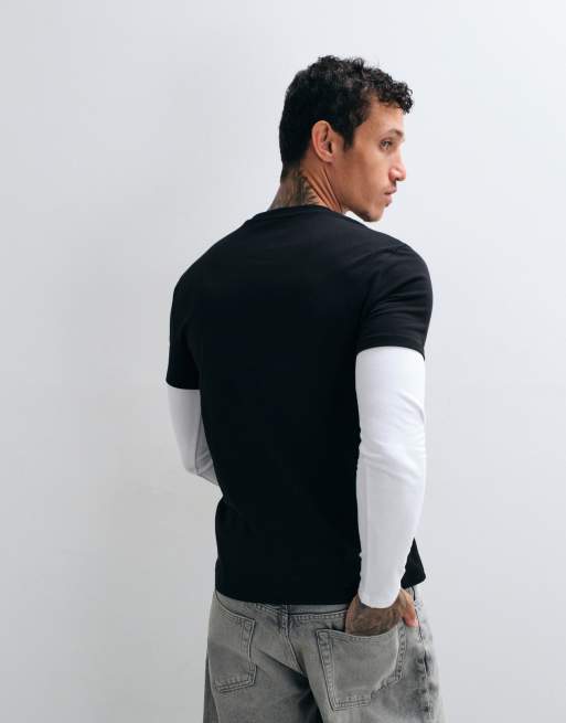 ASOS DESIGN T-shirt slim fit a maniche lunghe pesante con doppio strato in nero e bianco, 4 di 5