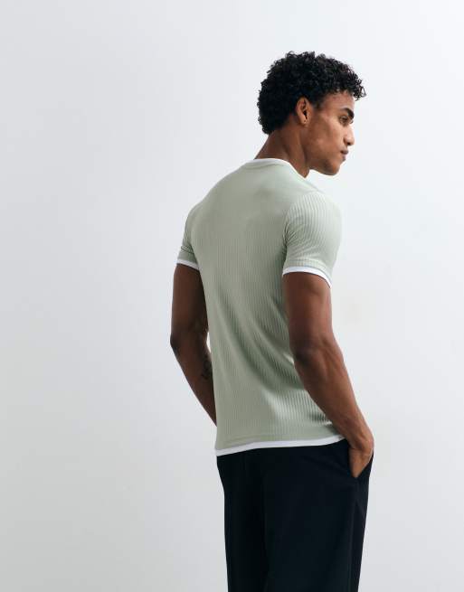 ASOS DESIGN t-shirt slim fit con doppio strato in tessuto verde testurizzato, 5 di 5