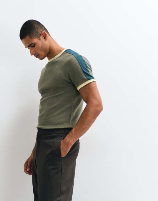 ASOS DESIGN T-shirt slim fit in waffle e costina kaki, 3 di 5