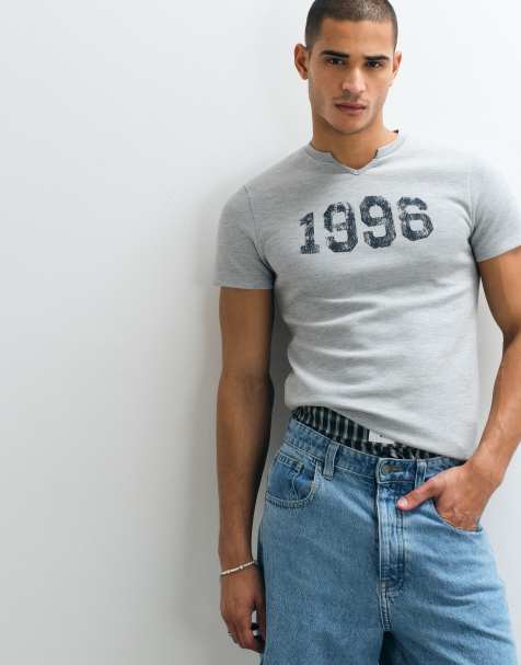 ASOS DESIGN - T-shirt slim pesante con grafica 1996 in tessuto interlock grigio mélange - view 1