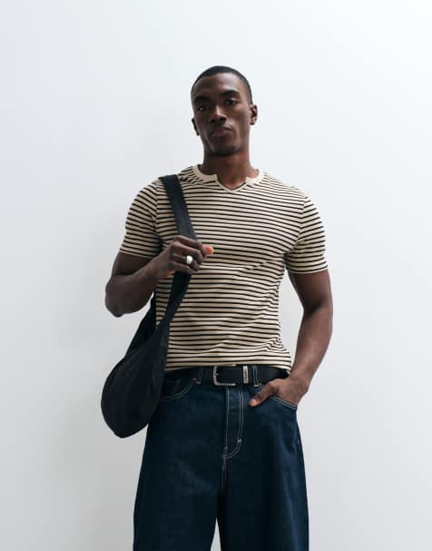 ASOS DESIGN - T-shirt slim pesante in tessuto testurizzato marrone a righe - view 1