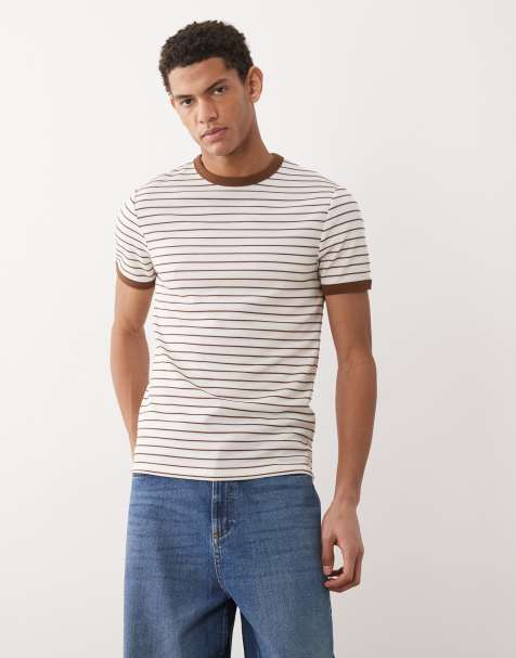ASOS DESIGN - T-shirt slim pesante marrone e bianca a righe - view 1