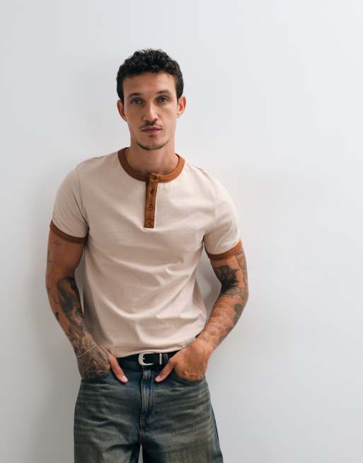 ASOS DESIGN t-shirt slim ringer henley délavé beige, 4 de 5