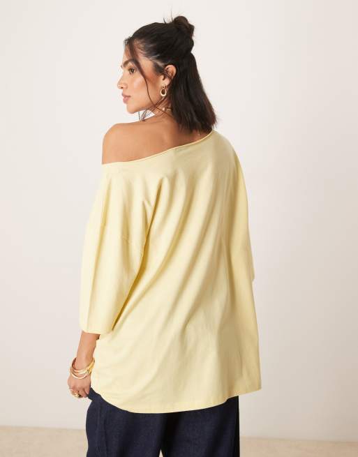 ASOS DESIGN - T-shirt souple et oversize à épaules dénudées - Beurre, 3 de 4