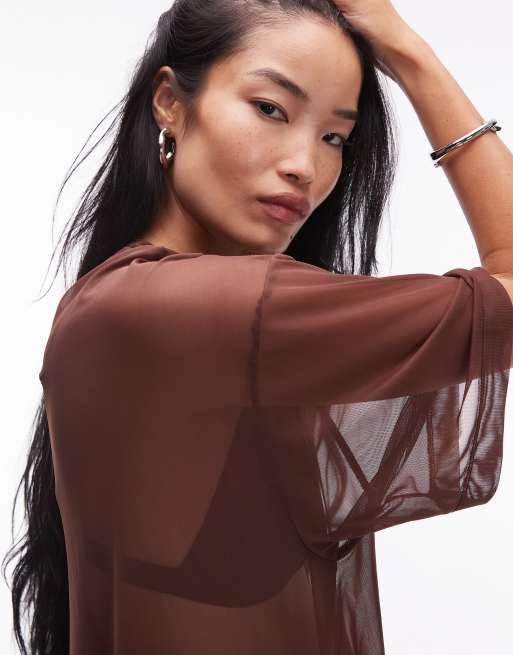 ASOS DESIGN - T-shirt squadrata a cascata in rete marrone, 3 di 4