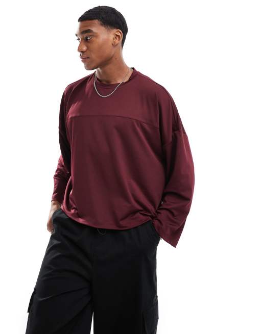 ASOS DESIGN - T-shirt squadrata a maniche lunghe in tessuto a rete bordeaux super oversize