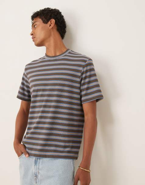 ASOS DESIGN - T-shirt squadrata a righe marroni e blu a coste - view 1