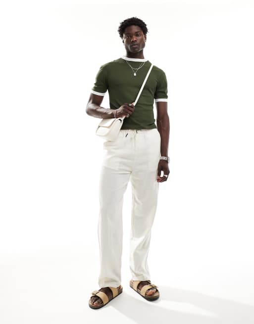 ASOS DESIGN - T-shirt squadrata attillata in rete color kaki con bordini a contrasto