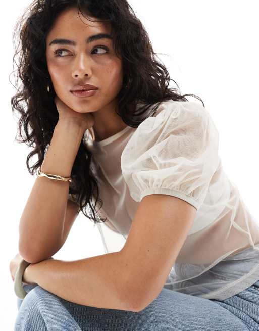 ASOS DESIGN - T-shirt squadrata bianca in tulle con maniche a sbuffo, 2 di 4