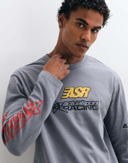 ASOS DESIGN T-shirt squadrata comoda a maniche lunghe con stampa in grigio slavato, 3 di 5